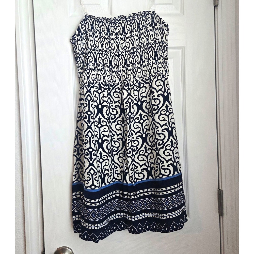 CUPSHE Retro Dream Ornate Mini Dress Smocked Strapless Blue White Boho Beach S